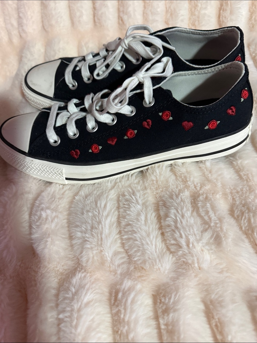 Converse Black Low-Top Sneakers with Red Rose Embroidery